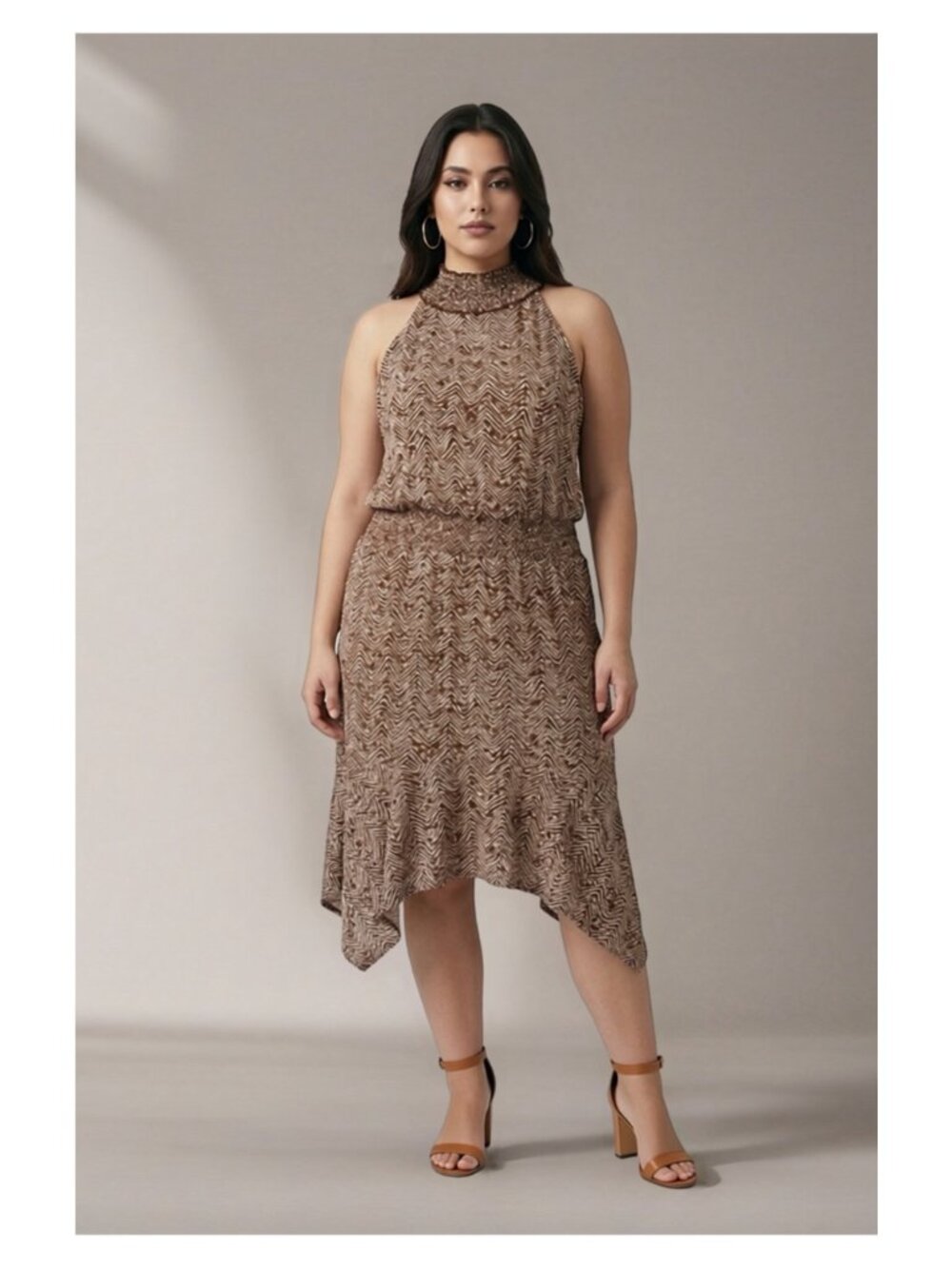 NEW Maurices Brown Print Halter Asymmetrical Midi Dress Plus Size 2XL 20